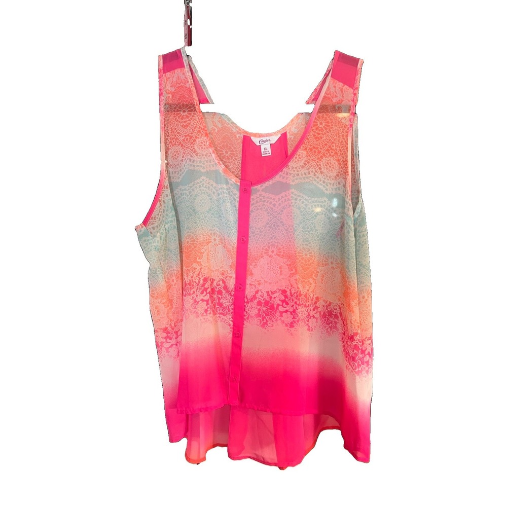 Candie's XL Chiffon Print Ombre Neon Pink Tank Top High Low Split Back Blouse